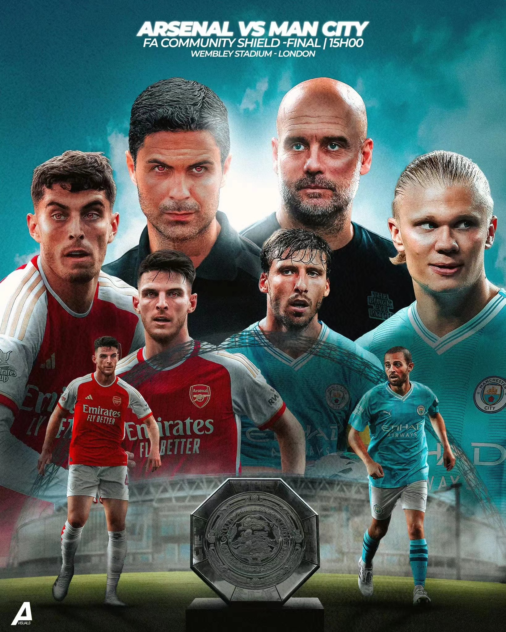 Arsenal ja Manchester City rangaistuspotkukilpailun vastahyökkäys, ylpeä Football Community Shieldistä